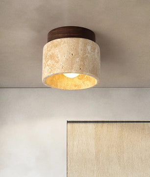 Japanse Stijl LED Plafondlamp – Ronde Opbouwlamp van Steen en Hout – Minimalistische LED Binnenverlichting voor Woonkamer en Gang