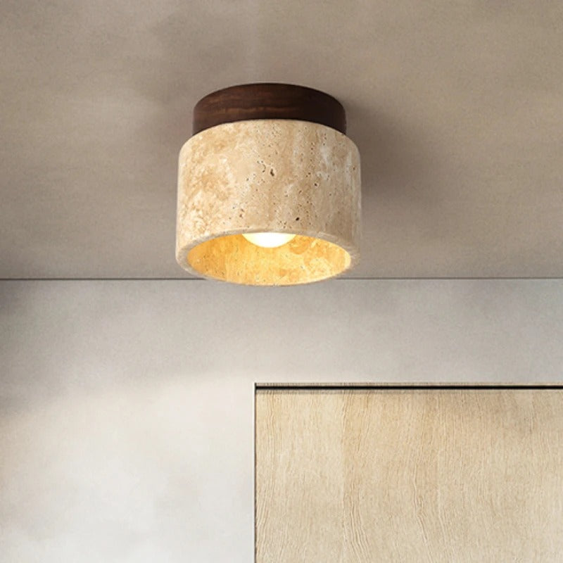Japanse Stijl LED Plafondlamp – Ronde Opbouwlamp van Steen en Hout – Minimalistische LED Binnenverlichting voor Woonkamer en Gang