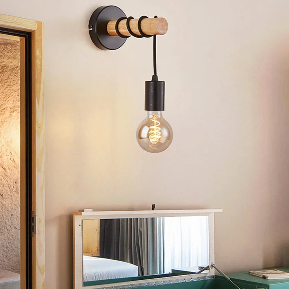 Retro Houten Wandlamp – Vintage Design met E27 Fitting – Sfeervolle Wandverlichting voor Woonkamer en Slaapkamer