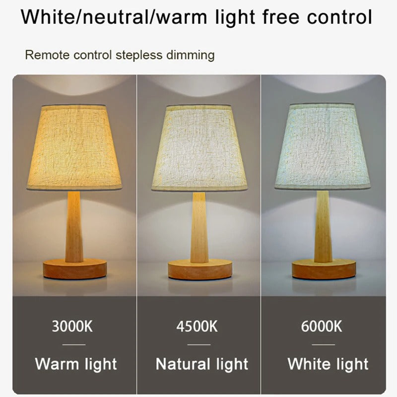 Stoffen Tafellamp met Houten Basis – LED Sfeerlamp in Japans Design met 3 Lichtkleuren voor Slaapkamer en Woonkamer