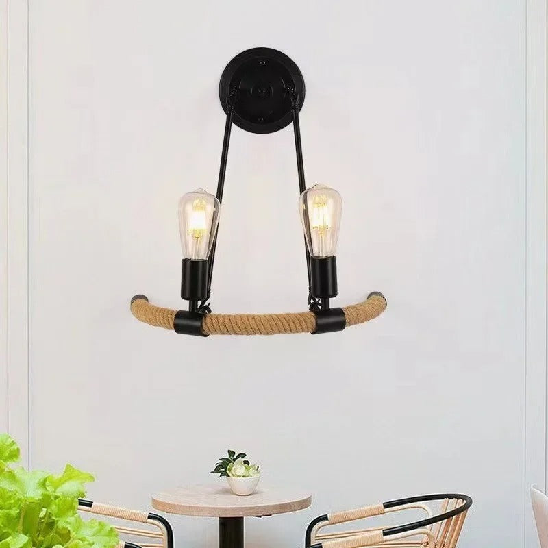 Retro Industriële Wandlamp met Henneptouw – IJzeren Wandverlichting E27 voor Woonkamer en Slaapkamer