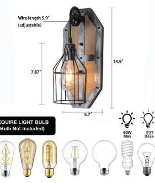 Vintage Wandlamp – Retro Steampunk Industrieel Design – Metaal en Hout – E27 Fitting – Voor Woonkamer, Keuken en Eetkamer