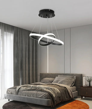 2-Ring Zwarte Hanglamp – Moderne LED Plafondlamp van Aluminium met Dubbele Ronde Ringen – 27W Koud Wit Licht 6500K voor Woonkamer en Eetkamer