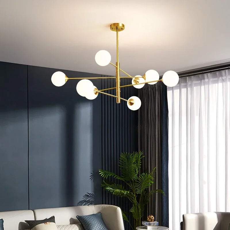 Moderne Glazen Bal Kroonluchter – Zwart Gouden LED Plafondlamp van Metaal en Mat Glas – Luxe Design voor Woonkamer, Eetkamer en Slaapkamer