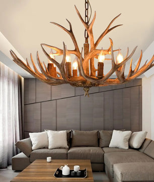 Vintage Gewei Kroonluchter – Retro Plafondlamp met 6× E14 Fittingen en Verstelbare Ophanging