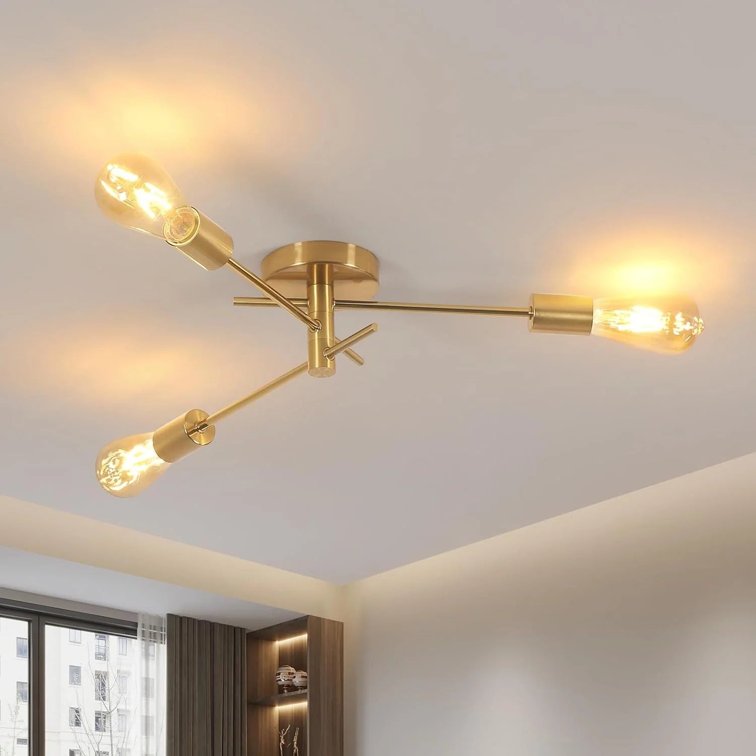Gouden Plafondlamp met 3 E27 Fittingen – Retro Industriële Plafondverlichting van Smeedijzer voor Woonkamer, Slaapkamer en Gang