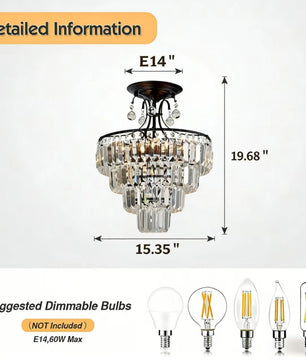 Kristallen Ronde Kroonluchter – Zwart Antiek Modern Design met K9 Kristallen – Dimbare Semi-Flush Plafondlamp voor Woonkamer en Eetkamer