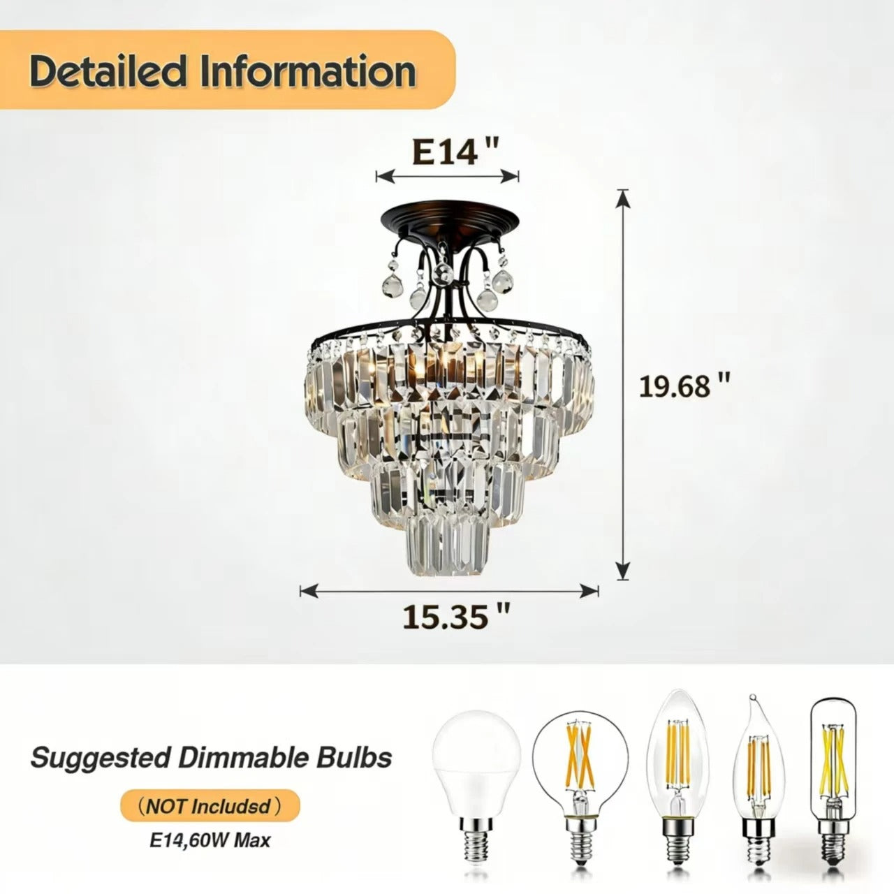 Kristallen Ronde Kroonluchter – Zwart Antiek Modern Design met K9 Kristallen – Dimbare Semi-Flush Plafondlamp voor Woonkamer en Eetkamer