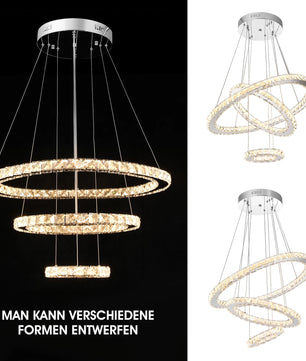 Moderne Kristallen LED Hanglamp – 3 Ringen Ø60+40+20 cm – 60W Dimbaar en In Hoogte Verstelbaar met Afstandsbediening voor Woonkamer en Eetkamer