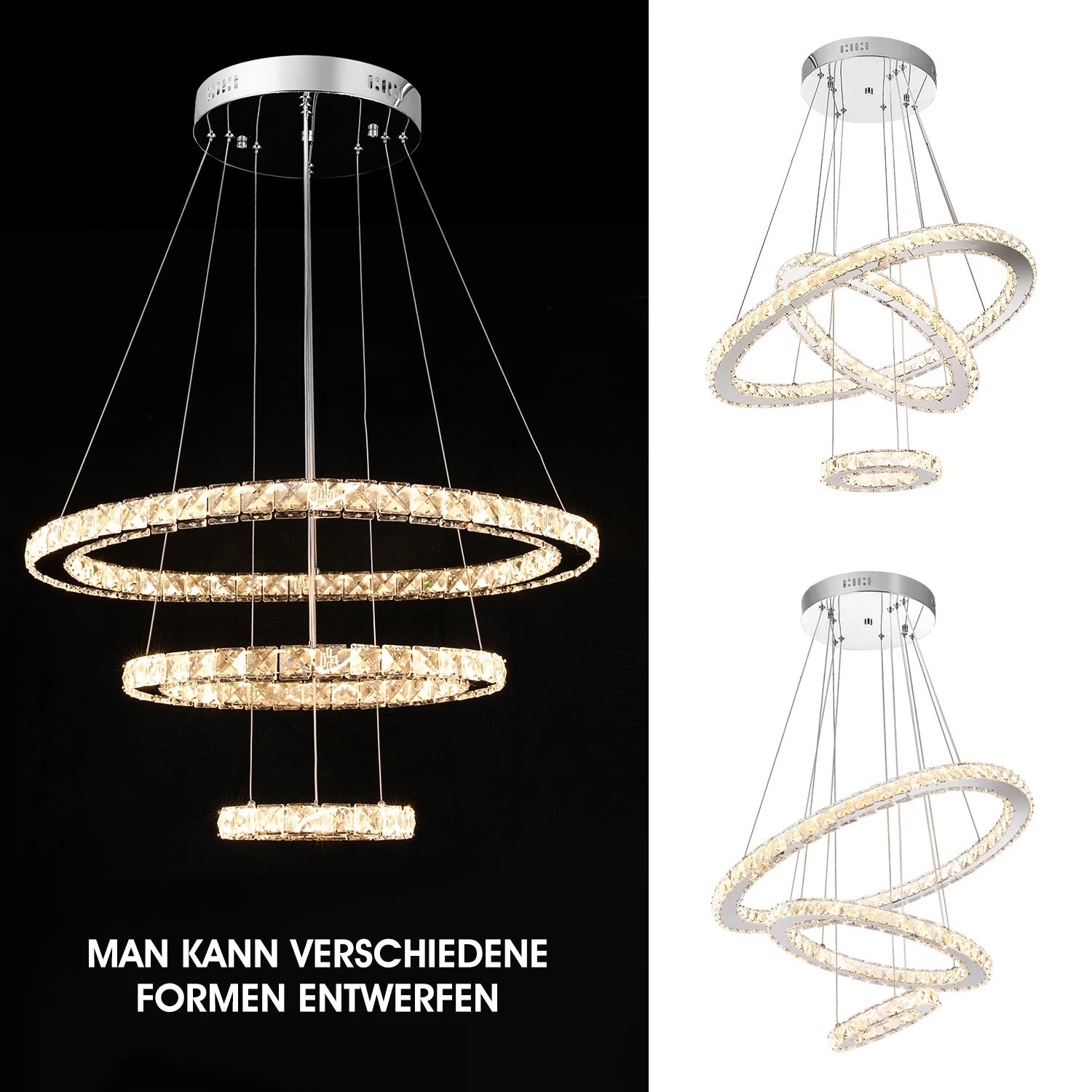 Moderne Kristallen LED Hanglamp – 3 Ringen Ø60+40+20 cm – 60W Dimbaar en In Hoogte Verstelbaar met Afstandsbediening voor Woonkamer en Eetkamer