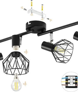 LED Spotlightset 4-Vlam Zwart – Draaibare Plafond- en Wandlamp – E14 Fitting – Inclusief 4× 6W LED Lampen