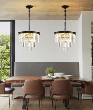 Moderne Zwarte Kristallen Kroonluchter – 3-Laags Ronde Hanglamp met Verstelbare Ketting en E14 Fitting