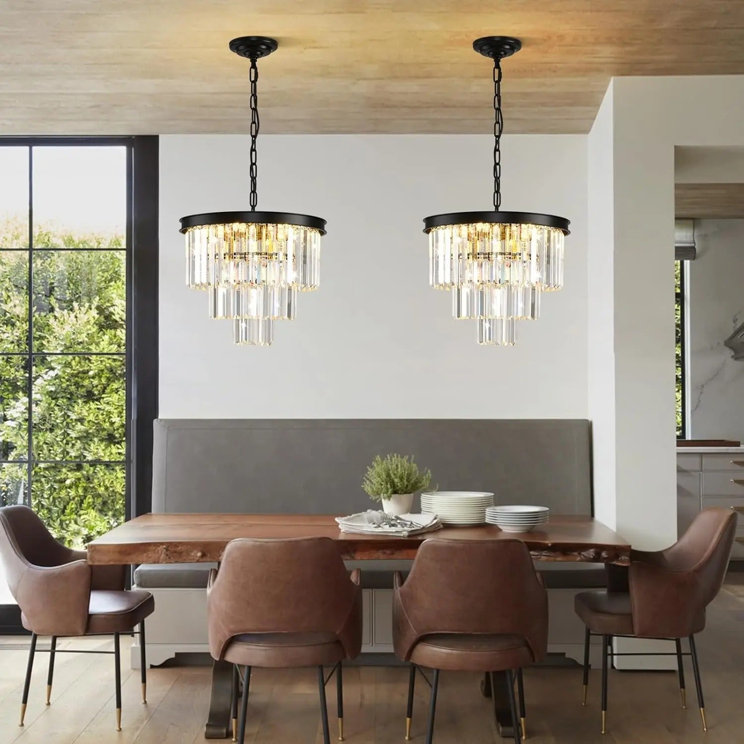 Moderne Zwarte Kristallen Kroonluchter – 3-Laags Ronde Hanglamp met Verstelbare Ketting en E14 Fitting