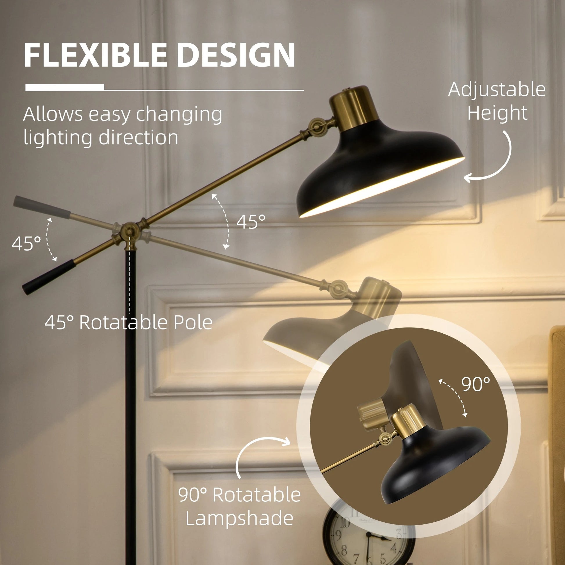 Industriële Vloerlamp Verstelbaar – Zwarte Metalen Staande Lamp met Roteerbare Lampkop – E27 Leeslamp voor Woonkamer en Kantoor
