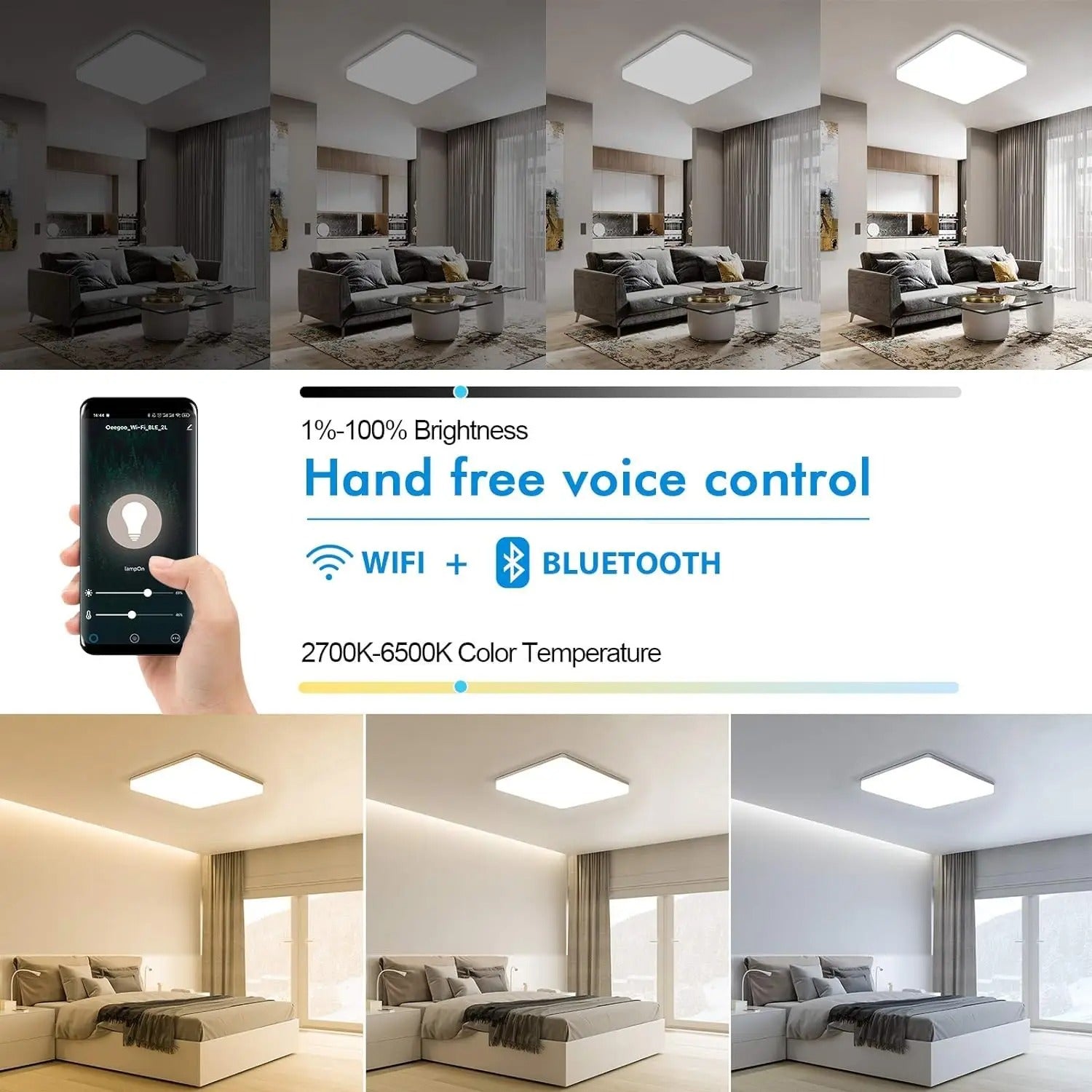 Smart LED RGB Plafondlamp – 24W Dimbaar 2700K–6500K – WiFi en Alexa Compatibel – Vierkant 28×28 cm voor Woonkamer, Slaapkamer en Kantoor