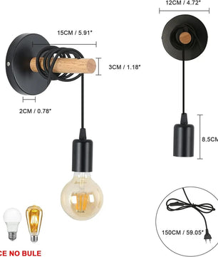 Vintage Industriële Wandlamp met Houten Arm – E27 Fitting met Schakelaar en Stekker – Plug-in Wandverlichting voor Slaapkamer, Hal en Woonkamer