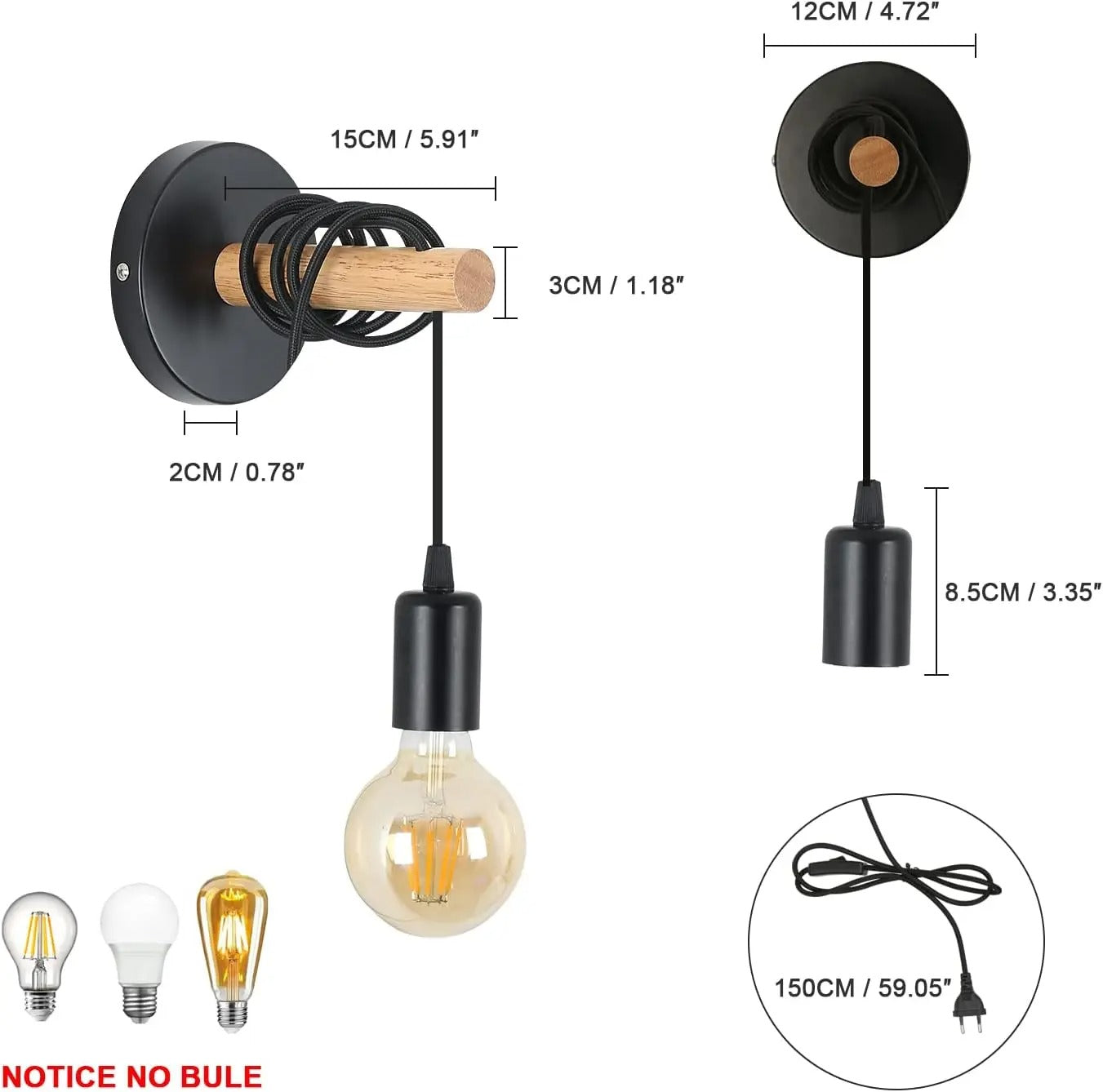 Vintage Industriële Wandlamp met Houten Arm – E27 Fitting met Schakelaar en Stekker – Plug-in Wandverlichting voor Slaapkamer, Hal en Woonkamer