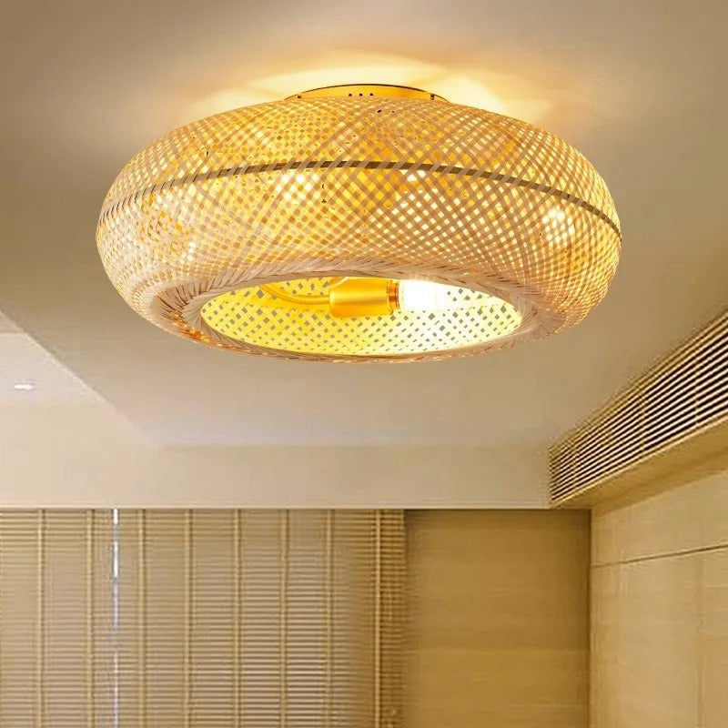 Bamboe LED Plafondventilator 50 cm – Moderne Ventilatorlamp met Intrekbare en Omkeerbare Bladen, Afstandsbediening en Stille Werking voor Woonkamer en Slaapkamer