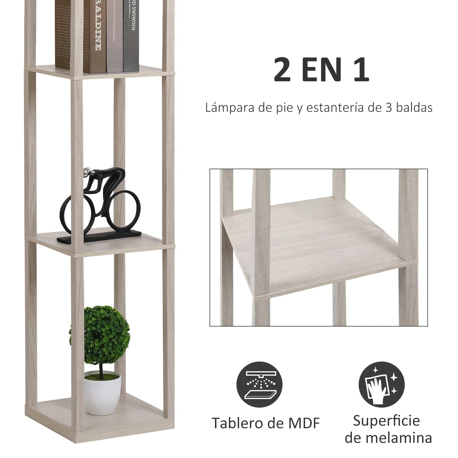 Vloerlamp met 3 Opbergplanken – Moderne Staande Lamp van MDF met E27 Fitting – Functionele Verlichting en Opbergruimte voor Woonkamer en Slaapkamer