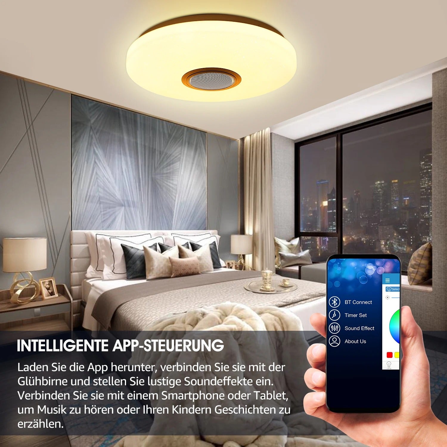 Moderne LED Plafondlamp met Bluetooth Speaker – Ø50 cm – 60W RGB en Dimbaar met Afstandsbediening en App – Sterrenhemel Effect voor Woonkamer en Slaapkamer