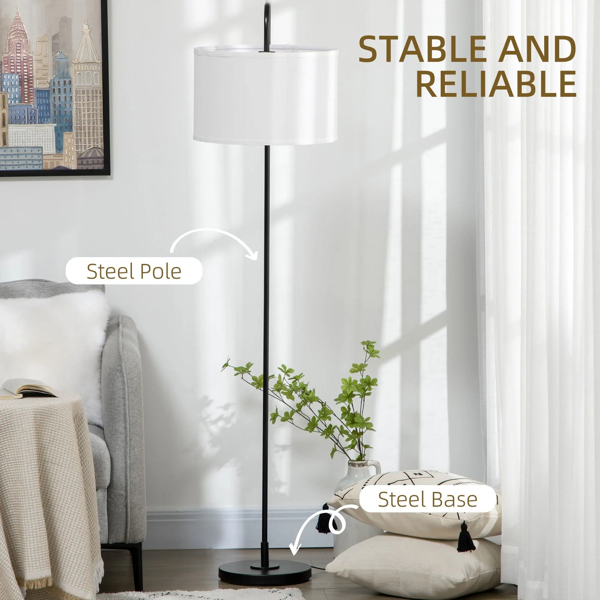 Vloerlamp met Linnen Kap – Moderne Gebogen Staande Lamp E27 – Sfeerverlichting voor Woonkamer en Leeshoek (163,5 cm)