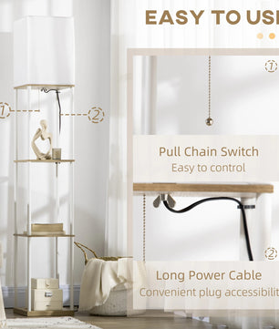 Moderne Houten Vloerlamp met 3 Planken – Staande Lamp met Stoffen Kap en E27 Fitting – Sfeerverlichting en Opbergruimte voor Woonkamer en Slaapkamer