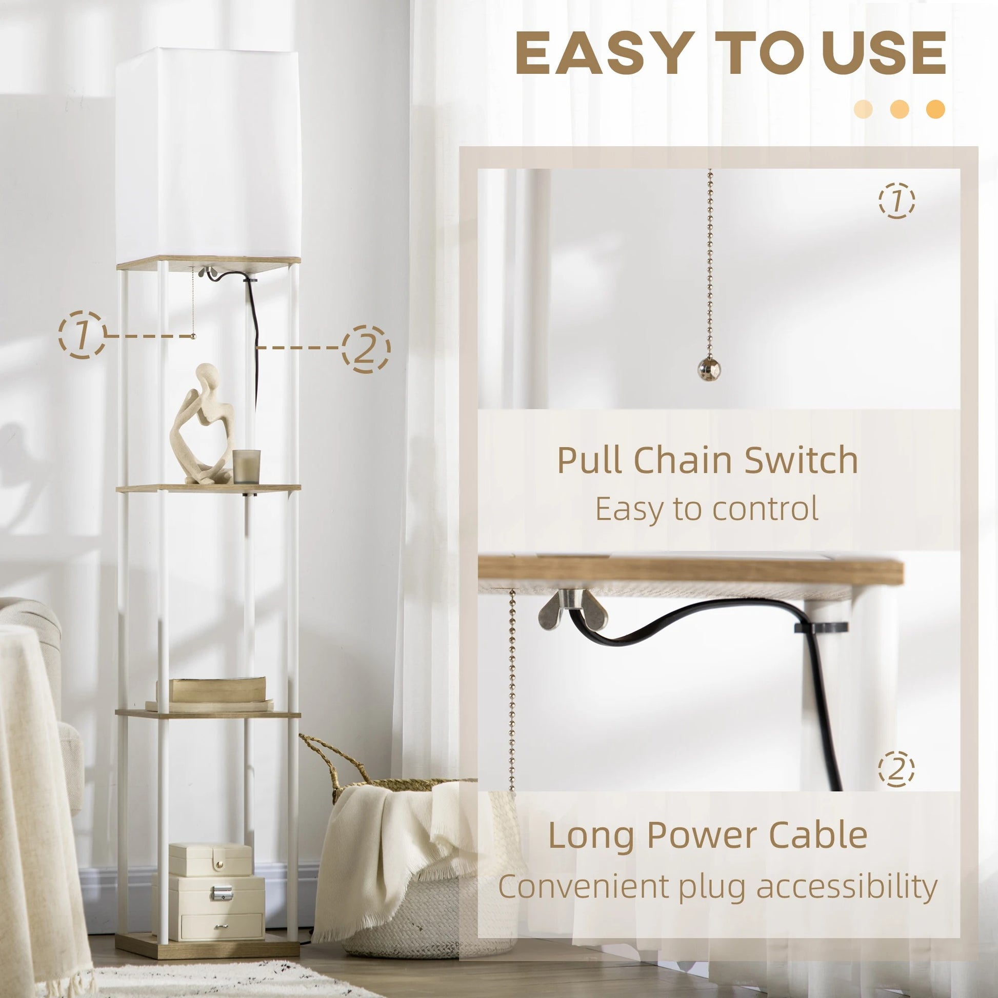 Moderne Houten Vloerlamp met 3 Planken – Staande Lamp met Stoffen Kap en E27 Fitting – Sfeerverlichting en Opbergruimte voor Woonkamer en Slaapkamer