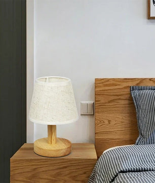 Stoffen Tafellamp met Houten Basis – LED Sfeerlamp in Japans Design met 3 Lichtkleuren voor Slaapkamer en Woonkamer