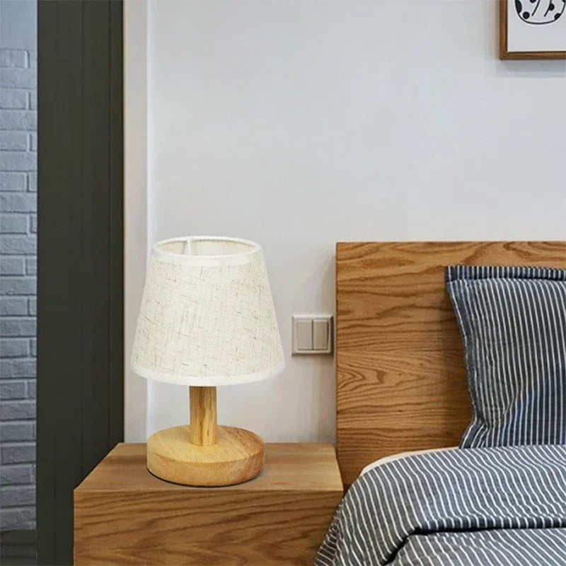 Stoffen Tafellamp met Houten Basis – LED Sfeerlamp in Japans Design met 3 Lichtkleuren voor Slaapkamer en Woonkamer