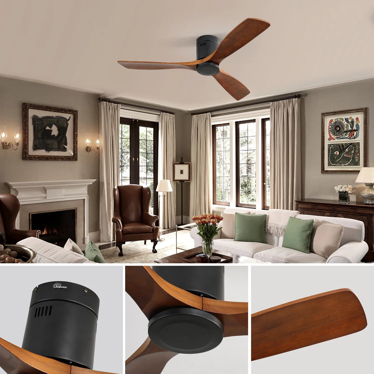 Moderne Plafondventilator met Houten Bladen – 52 Inch Ventilator met Dimbare LED, Stille DC-Motor, 6 Snelheden en Afstandsbediening voor Woonkamer en Veranda