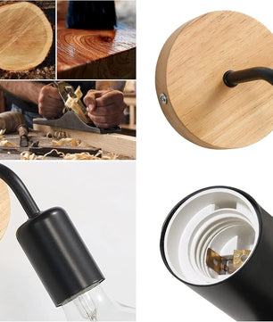 Set van 2 Industriële Wandlampen – Retro Zwart IJzer met Massief Hout – E27 Fitting – Voor Woonkamer, Slaapkamer en Hal