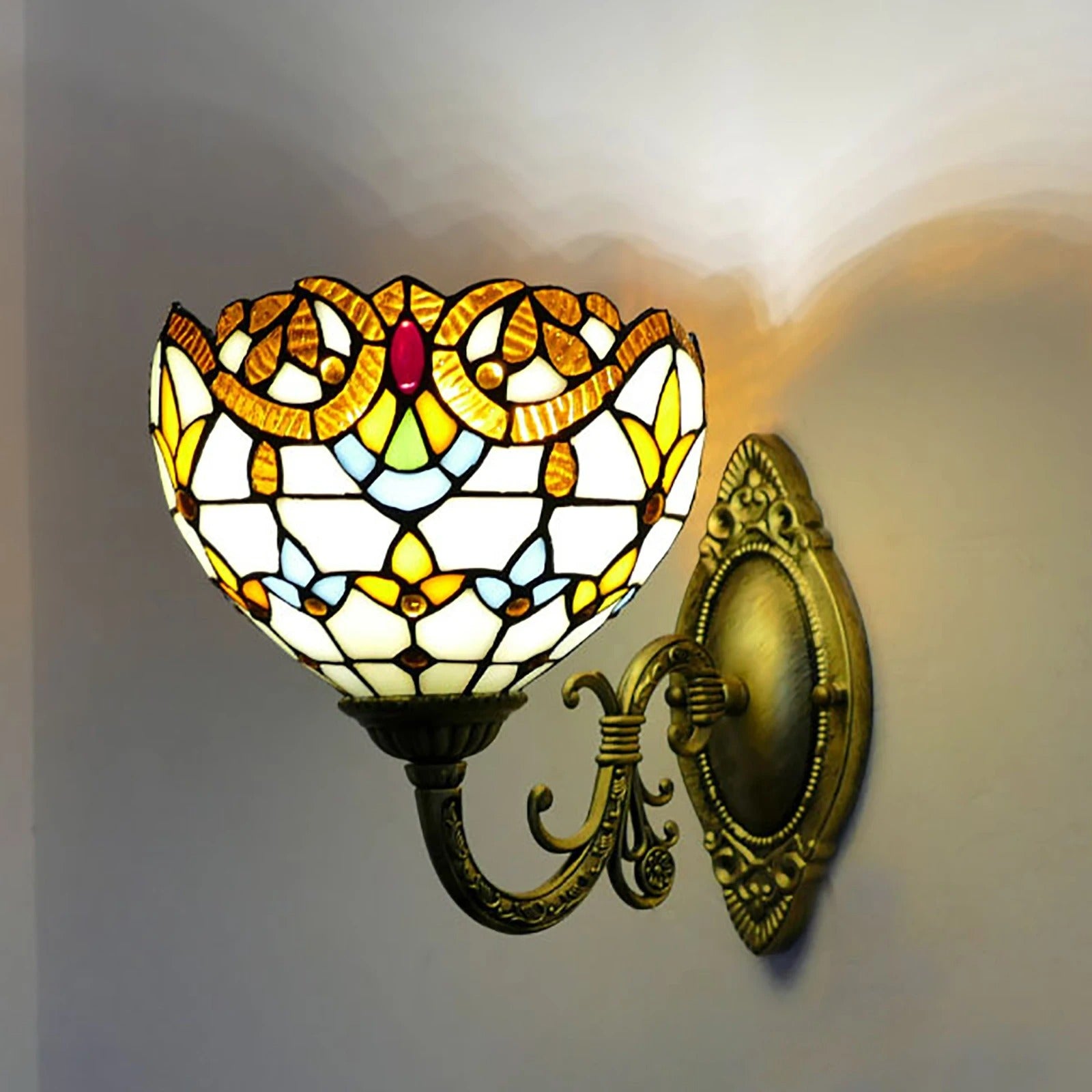 Tiffany Wandlamp Glas-in-Lood – Vintage Victoriaanse Wandverlichting van Glas en Metaal – E27 Wandlamp 25 cm voor Woonkamer & Slaapkamer