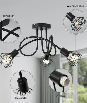 Industriële 3-Lichts Plafondlamp – Zwart Aluminium Kooi Ontwerp – E27 Fittingen – Moderne Plafondverlichting voor Keuken, Woonkamer en Hal