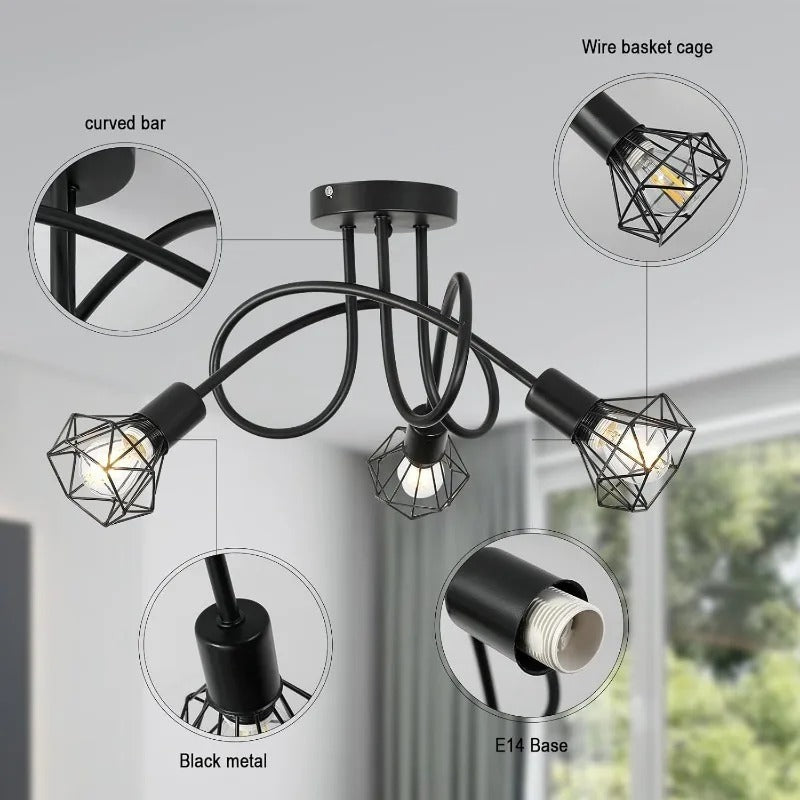 Industriële 3-Lichts Plafondlamp – Zwart Aluminium Kooi Ontwerp – E27 Fittingen – Moderne Plafondverlichting voor Keuken, Woonkamer en Hal