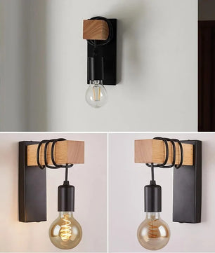 Retro Industriële Houten Wandlamp – Verstelbare E27 Wandverlichting van Hout en IJzer voor Woonkamer en Slaapkamer