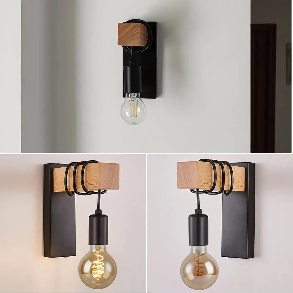 Retro Industriële Houten Wandlamp – Verstelbare E27 Wandverlichting van Hout en IJzer voor Woonkamer en Slaapkamer