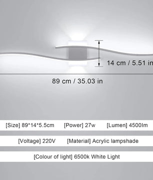 Moderne LED Wandlamp 89 cm – Golvend Design – Aluminium en Acryl Wandverlichting 27W 6500K voor Woonkamer, Slaapkamer & Hal