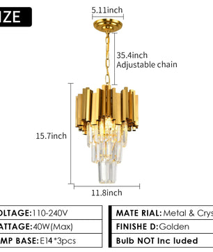 Gouden Kristallen Hanglamp – Moderne 3-lichts Plafondlamp van Metaal met K9 Kristallen en E14 Fittingen – Luxe Design voor Eetkamer, Keuken en Entree