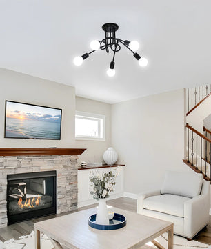 Moderne Zwarte Spoetnik Kroonluchter – 5-Lichts Plafondlamp met E27 Fittingen in Mid-Century Stijl