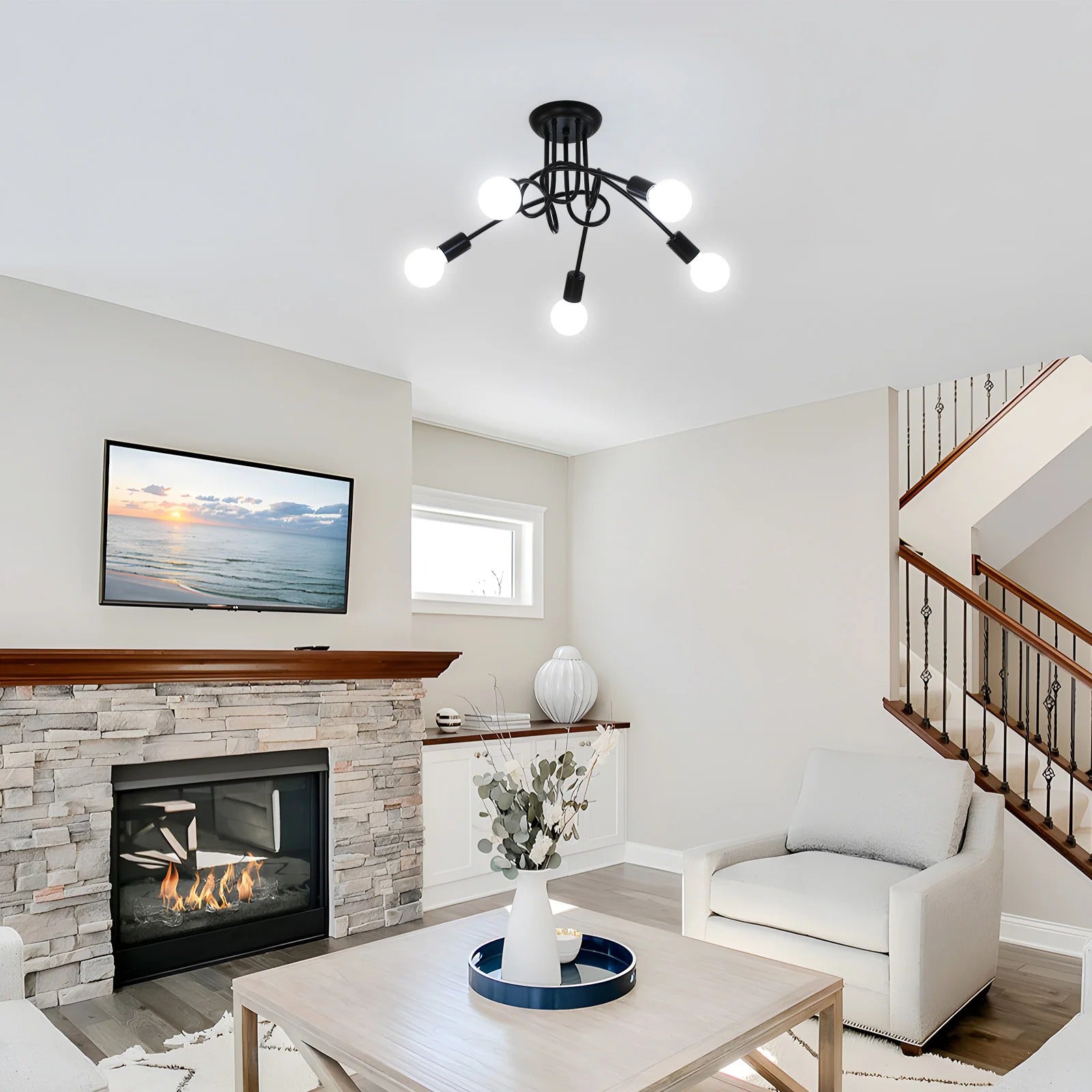 Moderne Zwarte Spoetnik Kroonluchter – 5-Lichts Plafondlamp met E27 Fittingen in Mid-Century Stijl