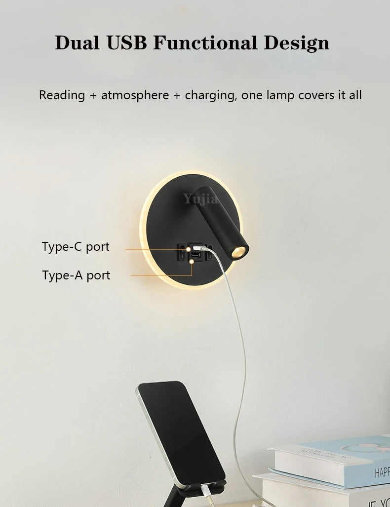 Moderne LED Wandlamp met USB Oplaadpoorten – Verstelbare Leeslamp en Sfeerverlichting voor Slaapkamer en Hotel
