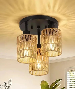 Handgemaakte Rotan Plafondlamp – Boho Geweven Kroonluchter van Rotan en Hennep – E27 Fitting voor Woonkamer, Eetkamer en Slaapkamer