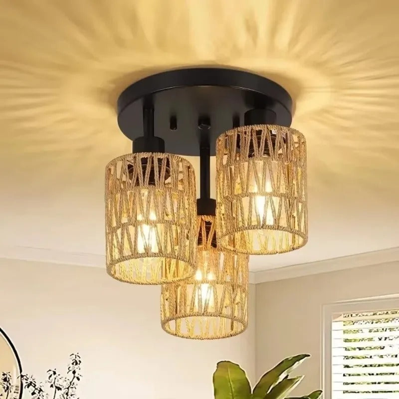 Handgemaakte Rotan Plafondlamp – Boho Geweven Kroonluchter van Rotan en Hennep – E27 Fitting voor Woonkamer, Eetkamer en Slaapkamer