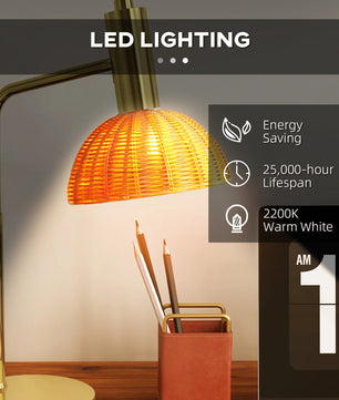 Tafellamp met Rotan Kap – Sfeervolle Nachtlamp met E14 Fitting, Warm LED Licht en Bronzen Frame