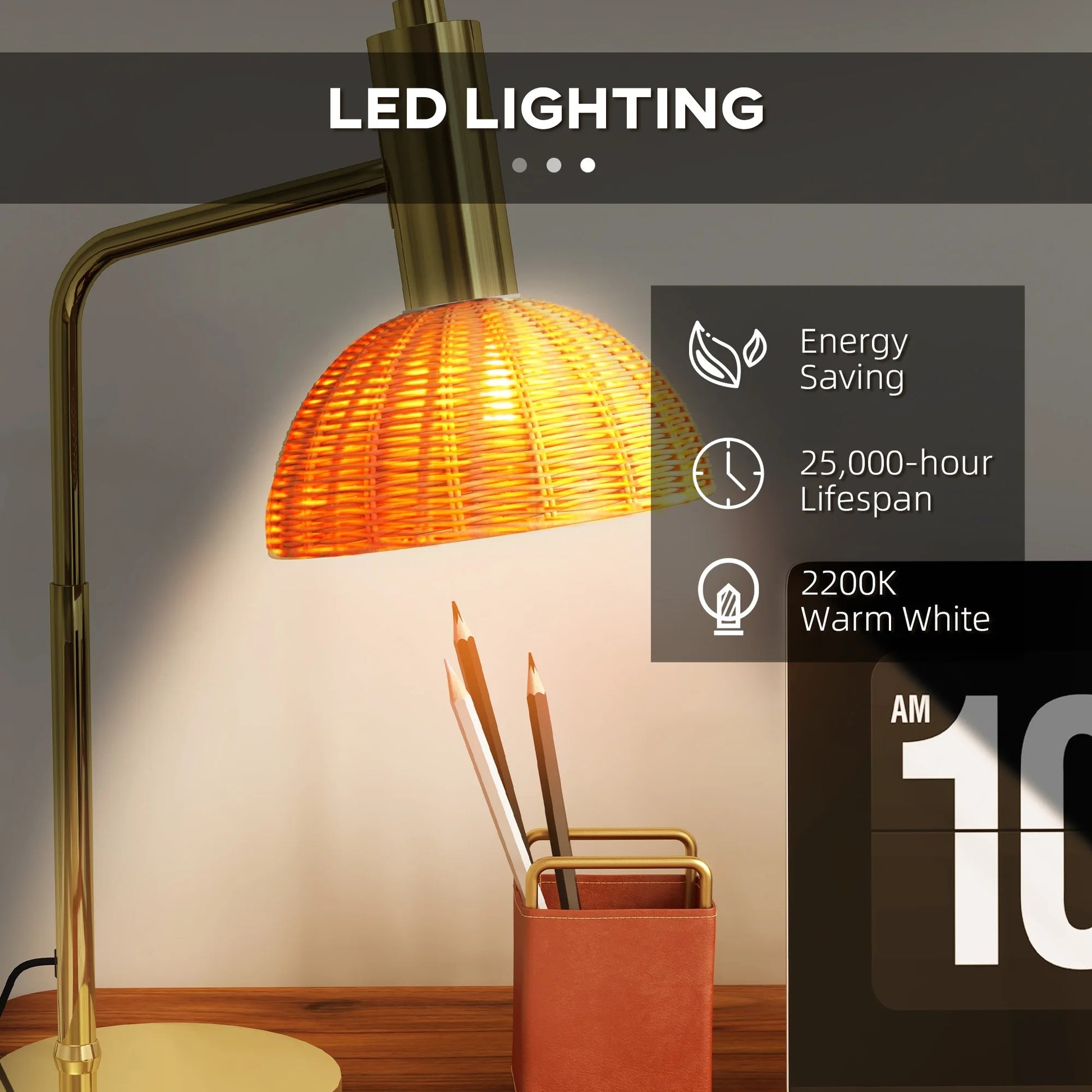 Tafellamp met Rotan Kap – Sfeervolle Nachtlamp met E14 Fitting, Warm LED Licht en Bronzen Frame