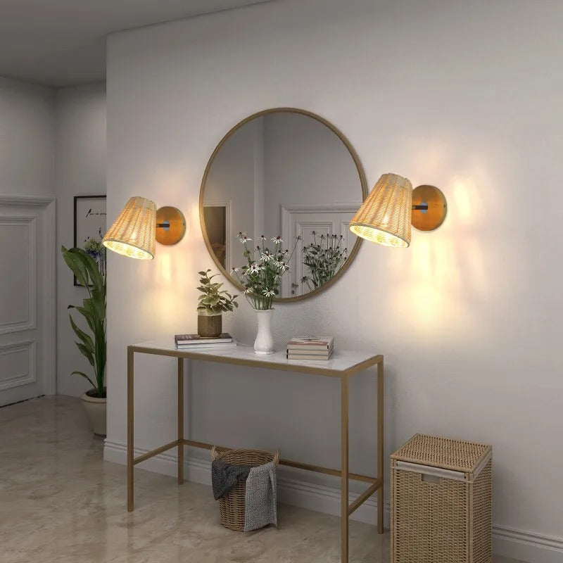 Retro Rotan Wandlamp – Handgeweven Bohemian Wandverlichting met Schakelaar en LED