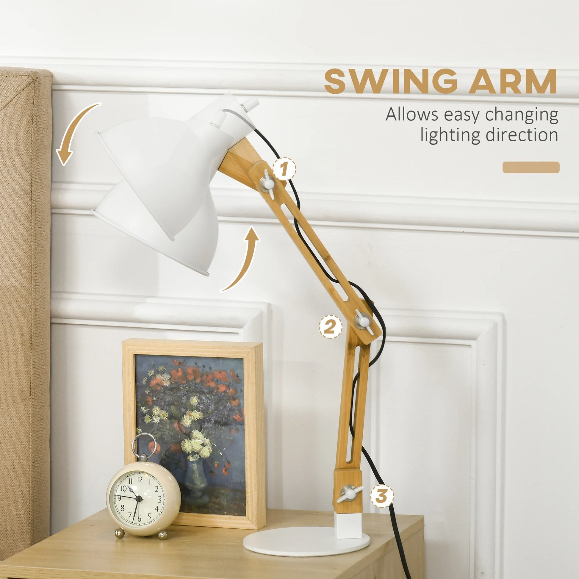 Verstelbare Bureaulamp met Klembasis – Leeslamp met Zwenkarm, Bamboe Design en E27 Fitting