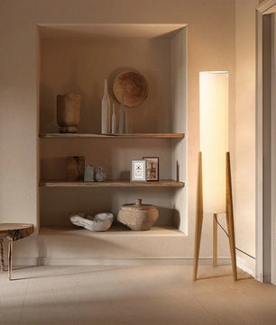 Japanse Wabi-sabi Vloerlamp van Massief Hout – Retro Staande Lamp met Stoffen Kap – Sfeervolle Hoeklamp voor Woonkamer en Slaapkamer