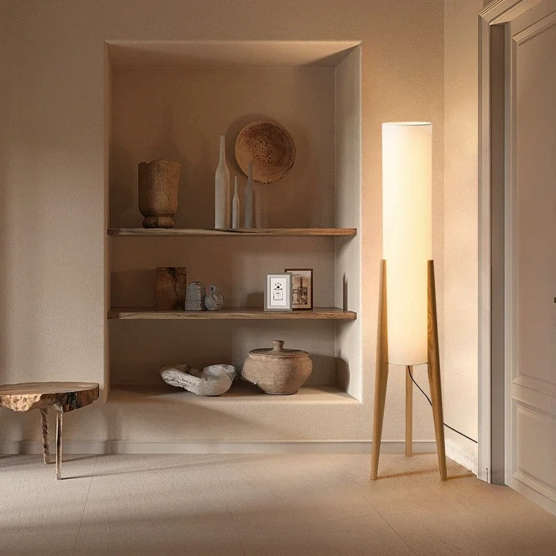 Japanse Wabi-sabi Vloerlamp van Massief Hout – Retro Staande Lamp met Stoffen Kap – Sfeervolle Hoeklamp voor Woonkamer en Slaapkamer