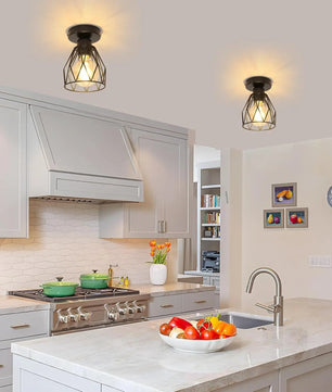 Industriële Plafondlamp Zwart – Vintage Metalen Opbouwlamp met E27 Fitting voor Keuken, Eetkamer en Slaapkamer